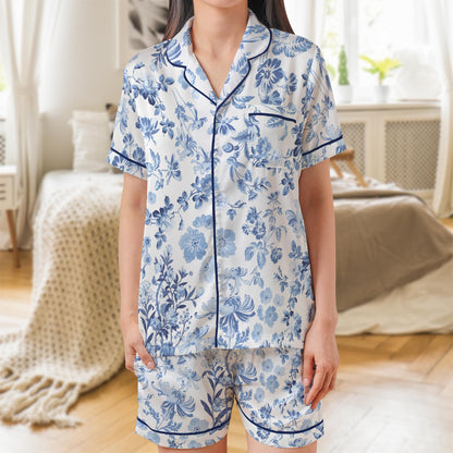 Chinoiserie Floral Satin Pajama Set, Toile de Jouy Pajama Set for Women, Short Sleeve or Long Sleeve Pajamas, Cute Summer Sleepwear Gift