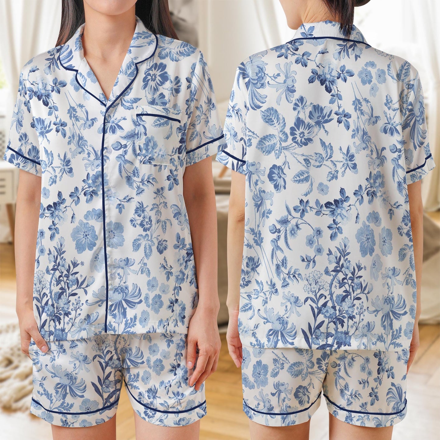 Chinoiserie Floral Satin Pajama Set, Toile de Jouy Pajama Set for Women, Short Sleeve or Long Sleeve Pajamas, Cute Summer Sleepwear Gift