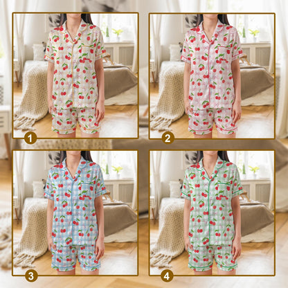 Coquette Cherry Pajama Set, Retro Checkered Sleepwear, Cute Short or Long Sleeve Pajamas for Women, Girly Aesthetic Loungewear, Gift for Her