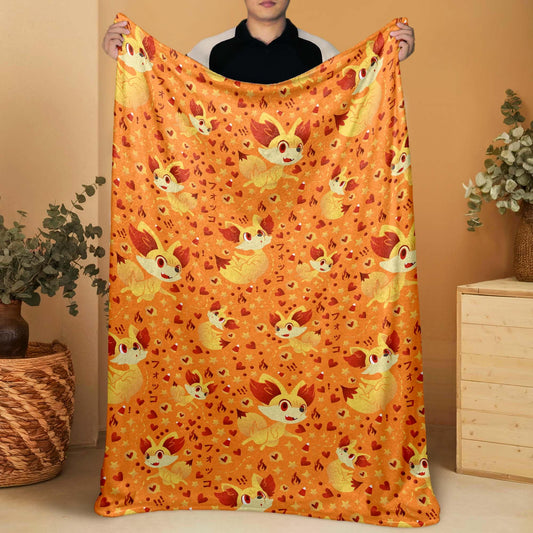 Fennekin Fleece Blanket, Cute Fire Fox Throw, Cozy Cotton Blanket, Baby Shower Gift, Kawaii Home Decor, Fennekin Blanket Gift