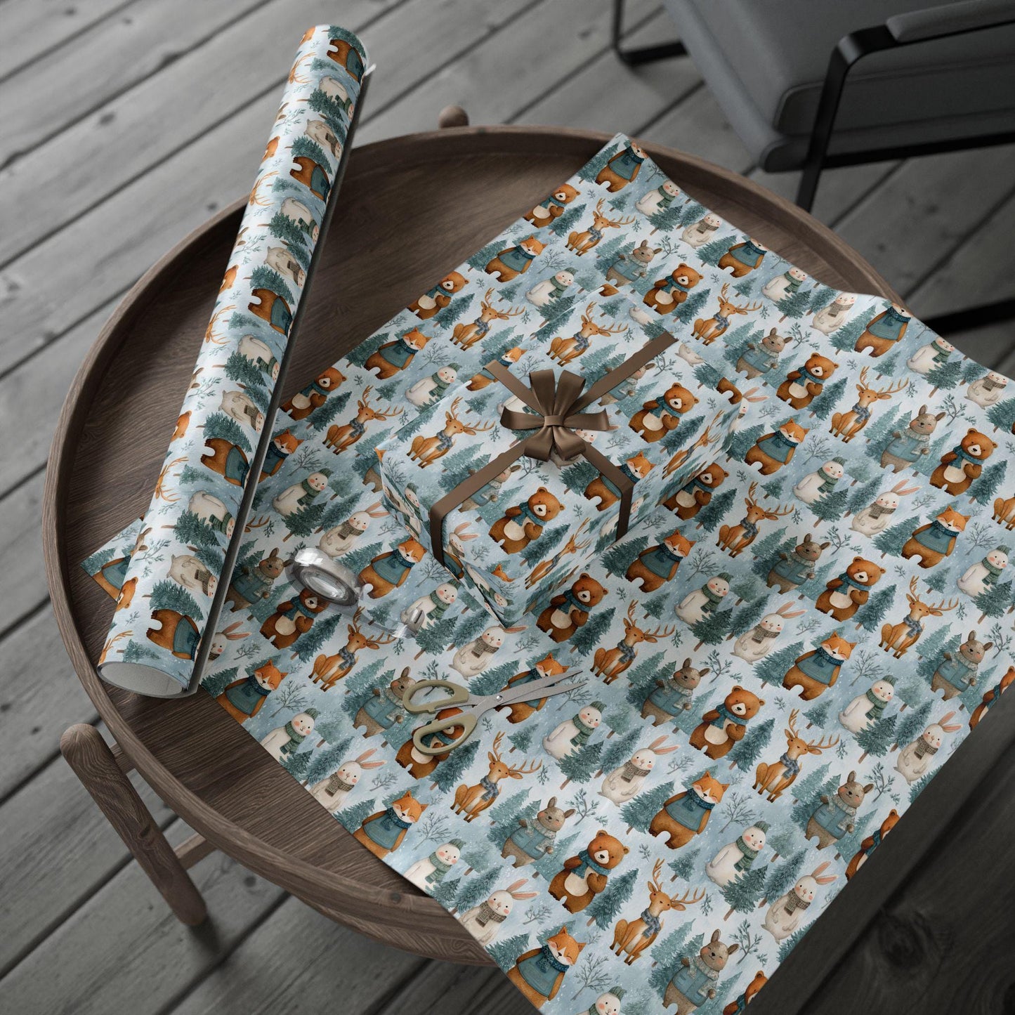 Christmas Wrapping Paper, Woodland Animals Winter Christmas Vintage Gift Wrap, Holiday Craft Supplies, Festive Gift Packaging