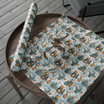 Christmas Wrapping Paper, Woodland Animals Winter Christmas Vintage Gift Wrap, Holiday Craft Supplies, Festive Gift Packaging
