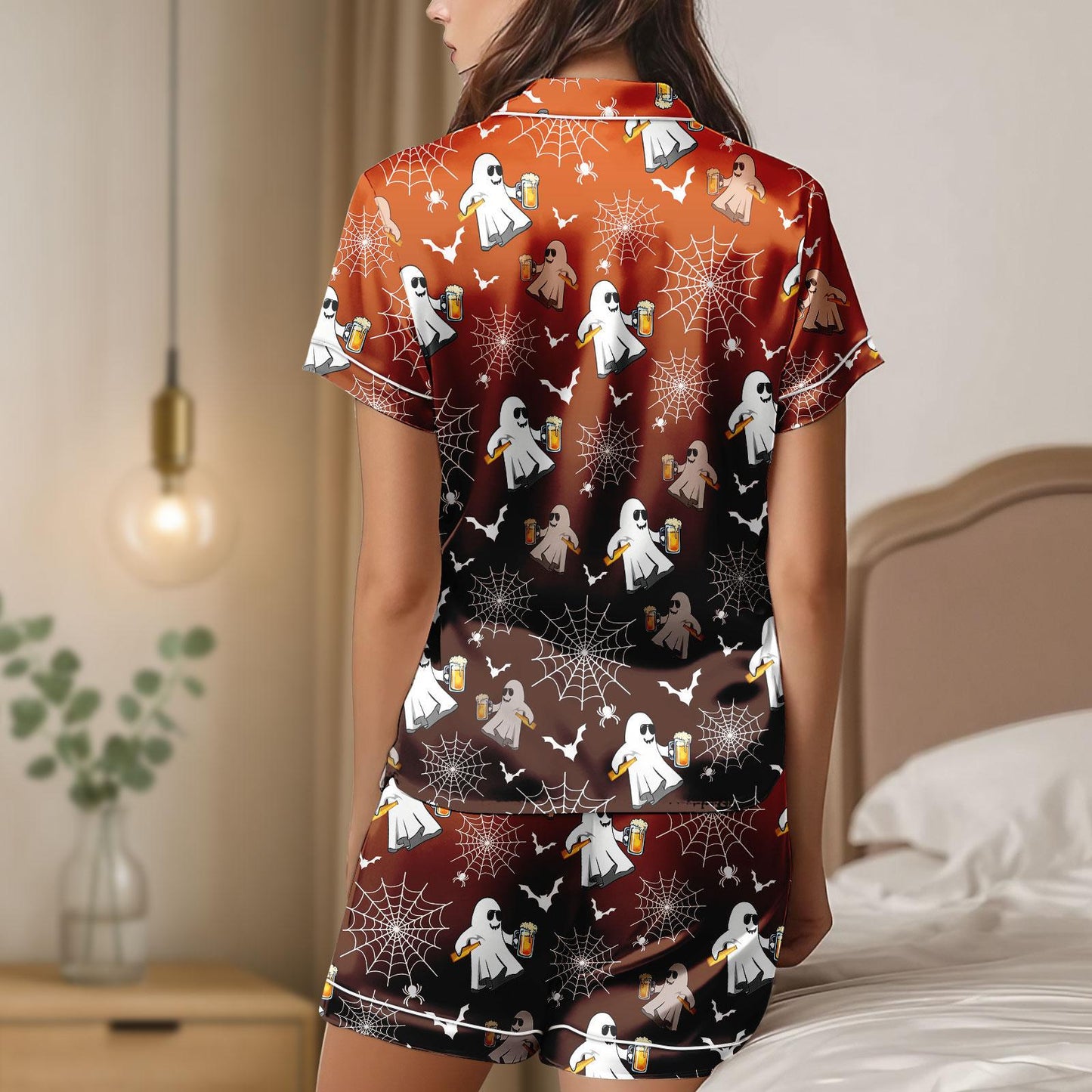 Beer Ghost Satin Pajamas, Funny Halloween Pajamas, Spooky Party Sleepwear, Cute Ghost Loungewear, Fall Gift Set, Halloween Gift For Her