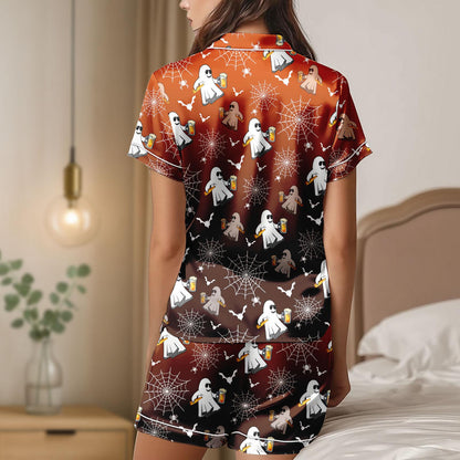 Beer Ghost Satin Pajamas, Funny Halloween Pajamas, Spooky Party Sleepwear, Cute Ghost Loungewear, Fall Gift Set, Halloween Gift For Her