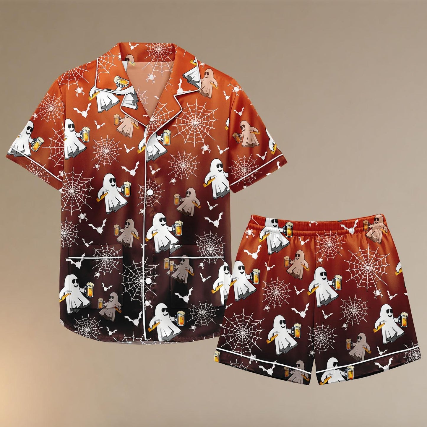 Beer Ghost Satin Pajamas, Funny Halloween Pajamas, Spooky Party Sleepwear, Cute Ghost Loungewear, Fall Gift Set, Halloween Gift For Her