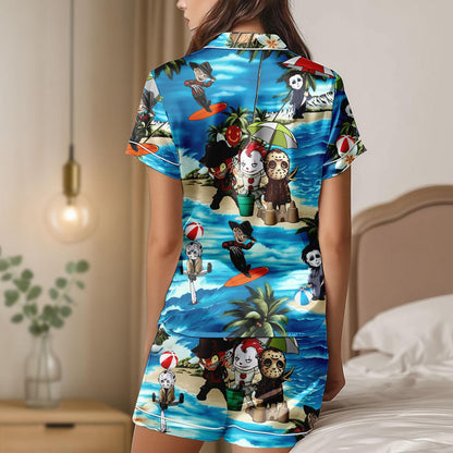 Horror Beach Satin Pajamas Set, Killer Cartoon Pajamas, Tropical Slasher Sleepwear, Summer Halloween Loungewear, Scary Cute Gift