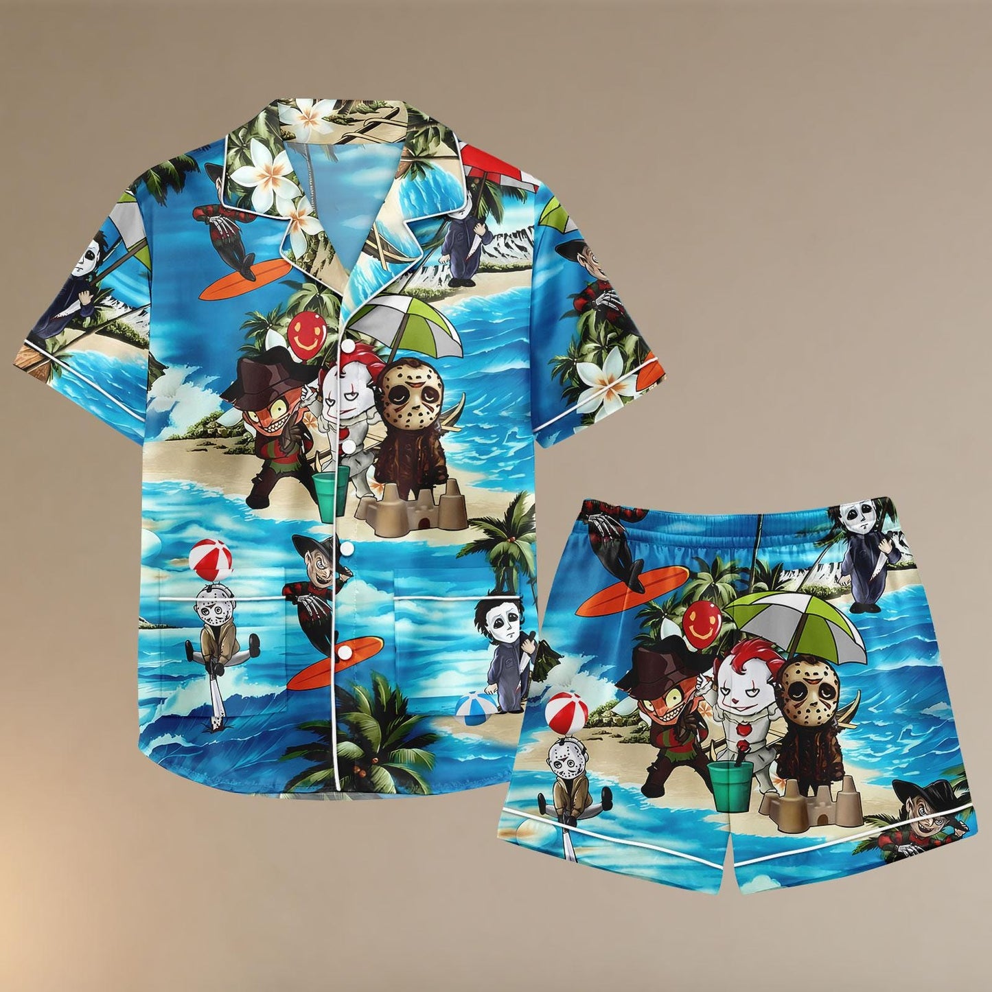 Horror Beach Satin Pajamas Set, Killer Cartoon Pajamas, Tropical Slasher Sleepwear, Summer Halloween Loungewear, Scary Cute Gift