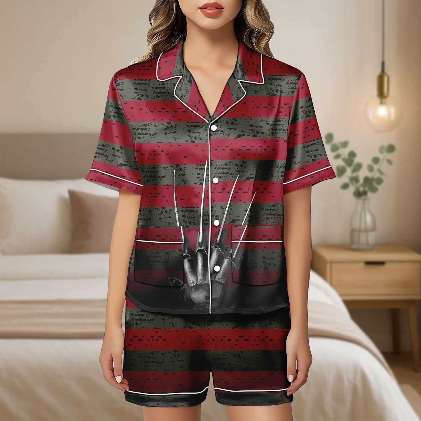 Freddy Satin Pajamas, Halloween Horror Short Set, Striped Sleepwear, Spooky Movie Costume, Cosplay Freddy Loungewear, Halloween Costume