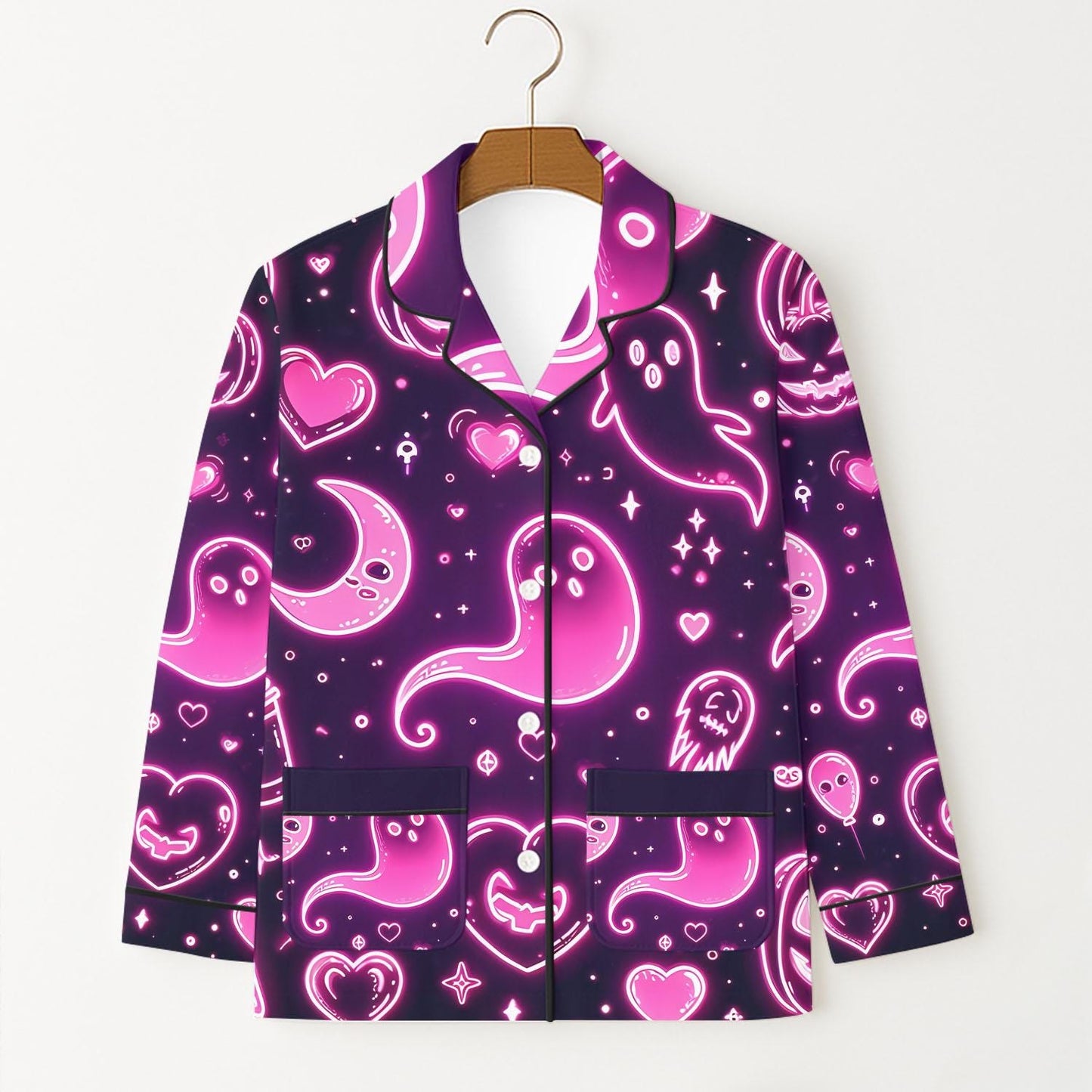 Halloween Pink Neon Ghost Pajamas Set, Halloween Ghost Moon Pumpkin Heart Sleepwear, Spooky Season Homewear, Cozy Nightwear Gift