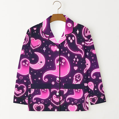 Halloween Pink Neon Ghost Pajamas Set, Halloween Ghost Moon Pumpkin Heart Sleepwear, Spooky Season Homewear, Cozy Nightwear Gift