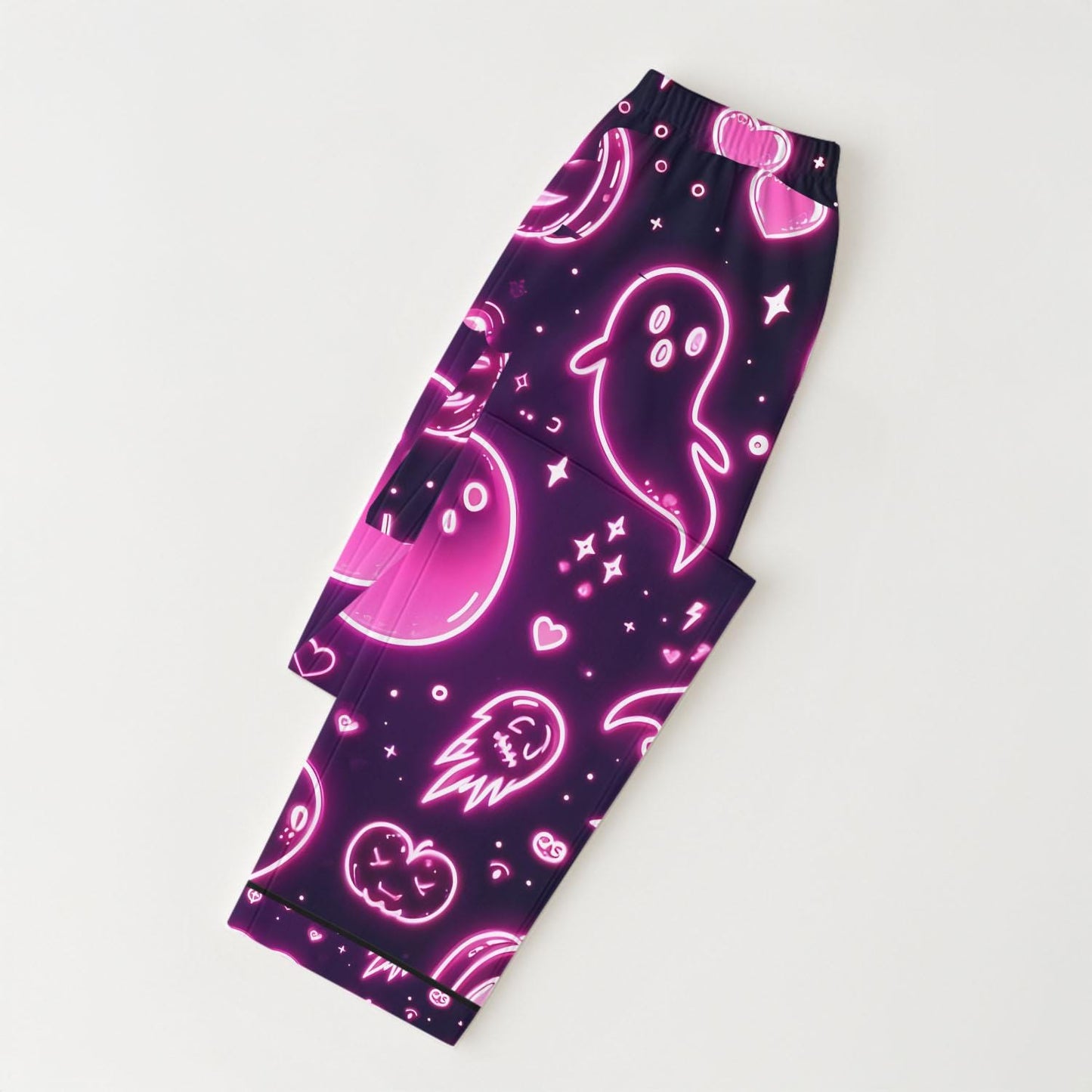 Halloween Pink Neon Ghost Pajamas Set, Halloween Ghost Moon Pumpkin Heart Sleepwear, Spooky Season Homewear, Cozy Nightwear Gift