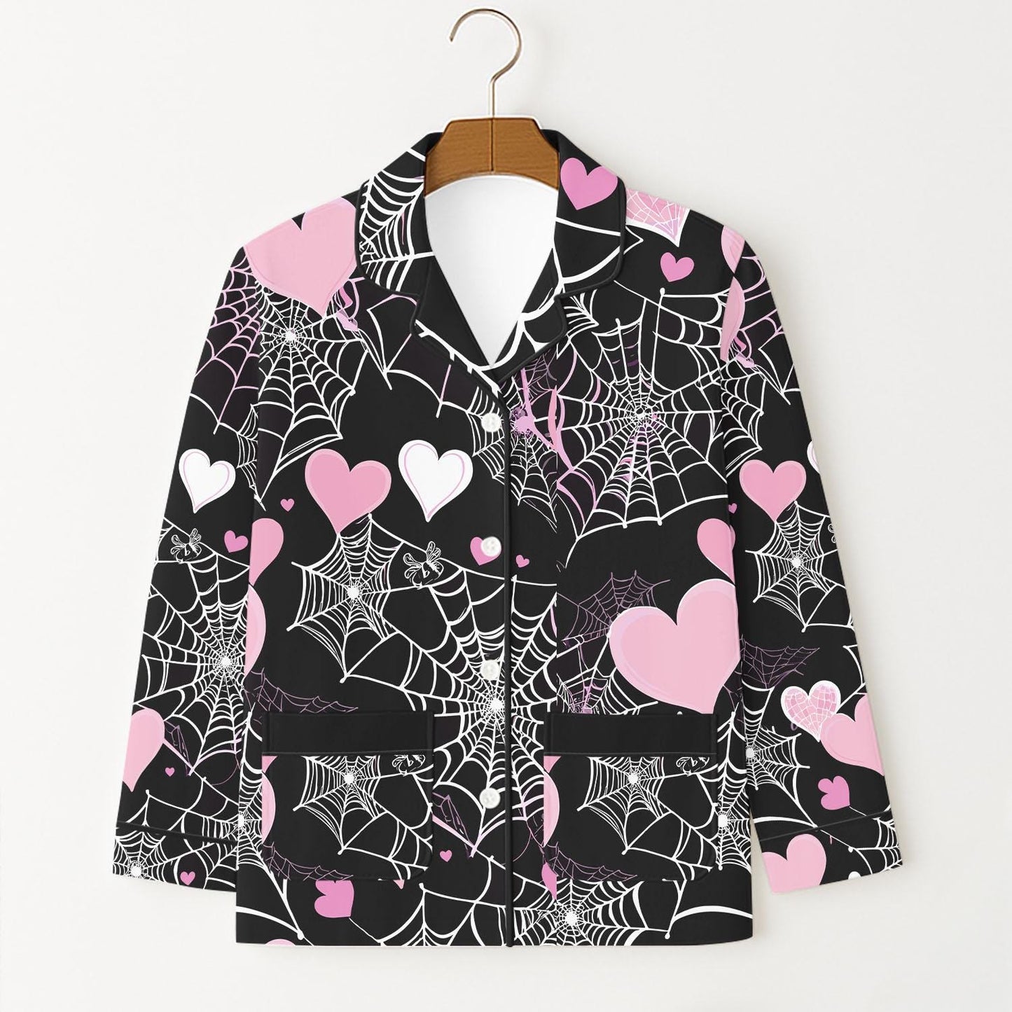 Halloween Pink White Spider Web And Heart Pajamas Set, Halloween Hearts Nightwear, Fall Season Matching Set, Holiday Gift