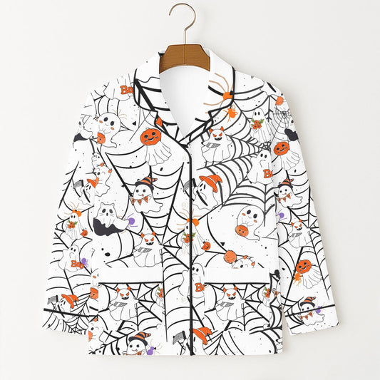 Halloween Ghost And Spider Web Pajamas Set, Witch Ghost And Pumpkin Homewear, Halloween Pattern Sleepwear, Spooky Season Gift