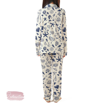 Sea Shell Art Pajama Set – Nautical Blue Seashell Short Sleeve Sleepwear, Beach Lover Loungewear Gift for Summer Relaxation