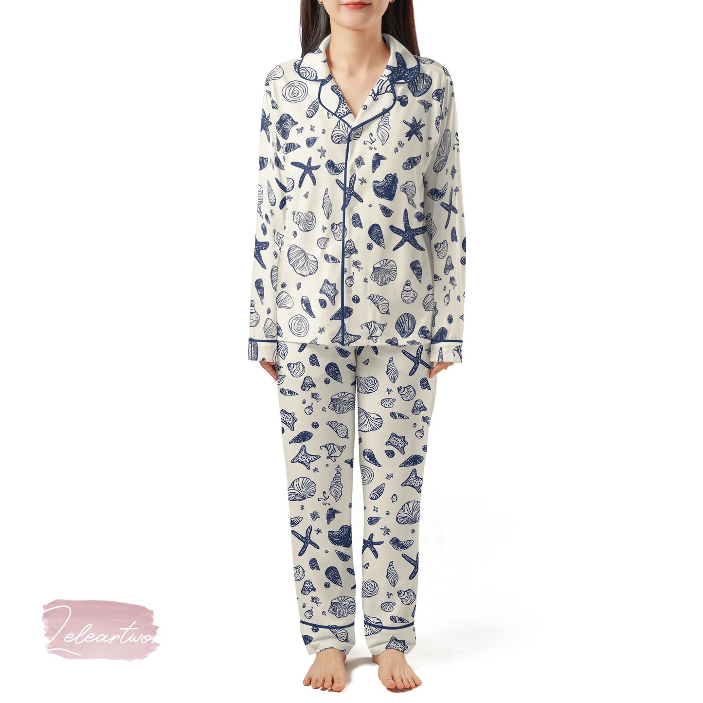 Sea Shell Art Pajama Set – Nautical Blue Seashell Short Sleeve Sleepwear, Beach Lover Loungewear Gift for Summer Relaxation