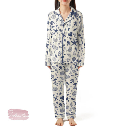 Sea Shell Art Pajama Set – Nautical Blue Seashell Short Sleeve Sleepwear, Beach Lover Loungewear Gift for Summer Relaxation