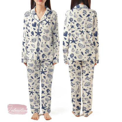 Sea Shell Art Pajama Set – Nautical Blue Seashell Short Sleeve Sleepwear, Beach Lover Loungewear Gift for Summer Relaxation
