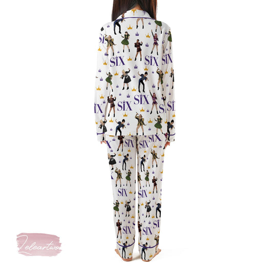 Six Musical Satin Pajama Set – Broadway Queen Sleepwear, Silky Theater PJs with Six the Musical Print, Gift for Musical Fans Lovers