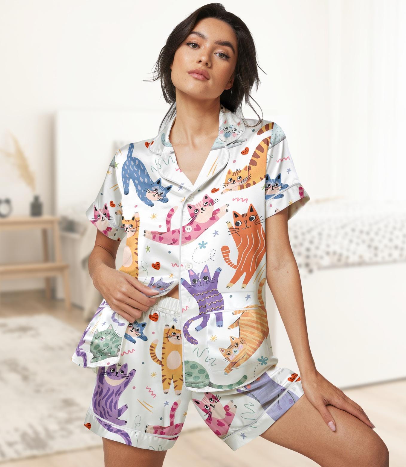 Cute Cat Short Satin Pajamas, Cartoon Kitty Silk Pajamas For Her, Soft Animal Nightwear Women Pajamas, Cozy Summer Lounge PJs