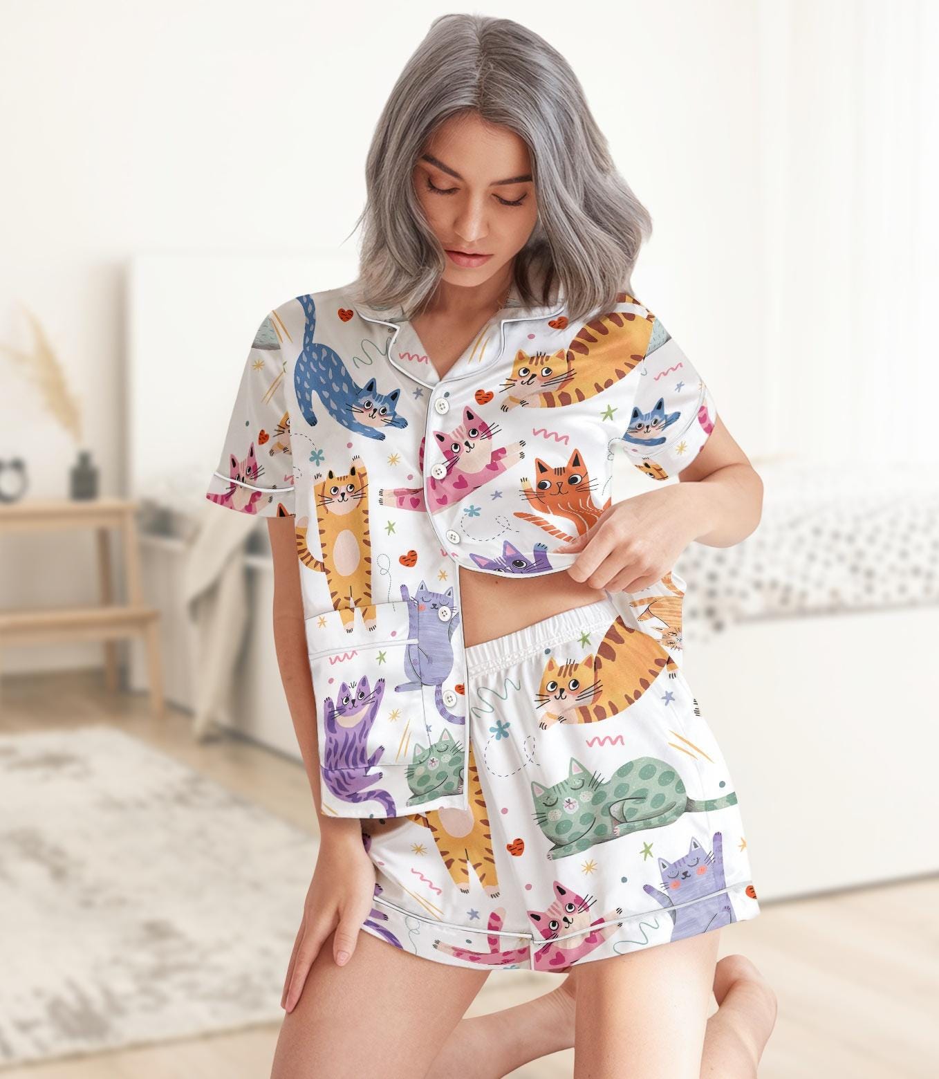 Cute Cat Short Satin Pajamas, Cartoon Kitty Silk Pajamas For Her, Soft Animal Nightwear Women Pajamas, Cozy Summer Lounge PJs