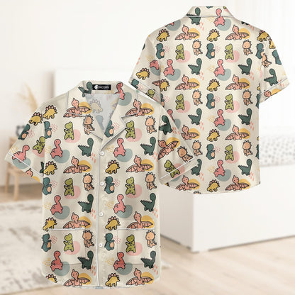 Cute Dinosaur Short Satin Pajamas, Cartoon Dino Short Sleeve Pajamas For Her, Funny Jurassic Bridesmaid Pajamas, Soft Summer Pajamas