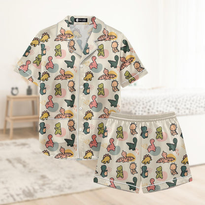 Cute Dinosaur Short Satin Pajamas, Cartoon Dino Short Sleeve Pajamas For Her, Funny Jurassic Bridesmaid Pajamas, Soft Summer Pajamas