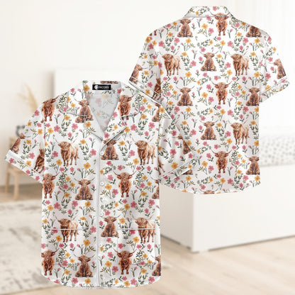 Highland Cow Floral Short Satin Pajamas, Cute Farm Animal Pajamas For Her, Soft Western Silk Pajamas For Women, Cow Lover Bridal Pajama