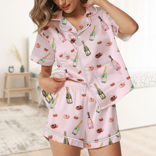 Wine Strawberry Short Satin Pajamas, Wine Lover Bridal Party Pajamas, Soft Summer Short Sleeve Pajamas, Drink Beer Matching Pajamas