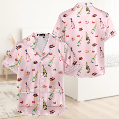 Wine Strawberry Short Satin Pajamas, Wine Lover Bridal Party Pajamas, Soft Summer Short Sleeve Pajamas, Drink Beer Matching Pajamas