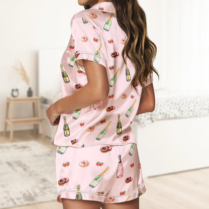 Wine Strawberry Short Satin Pajamas, Wine Lover Bridal Party Pajamas, Soft Summer Short Sleeve Pajamas, Drink Beer Matching Pajamas