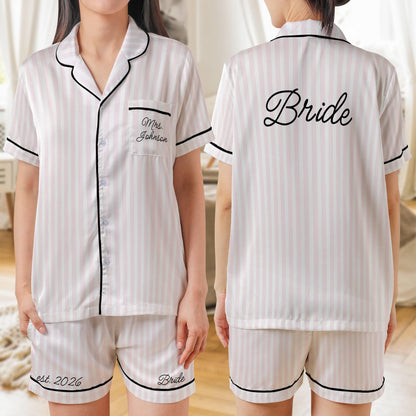 Bride Pajama set, Personalized Bridal PJs Short Sleeve PJ with shorts Satin Pajamas