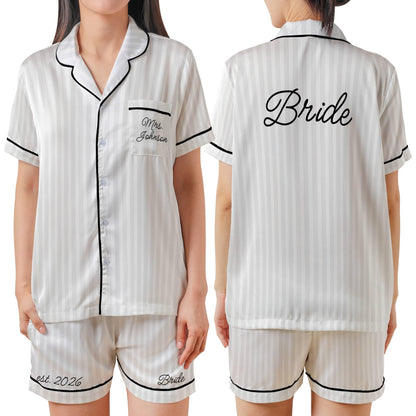 Bride Pajama set, Personalized Bridal PJs Short Sleeve PJ with shorts Satin Pajamas