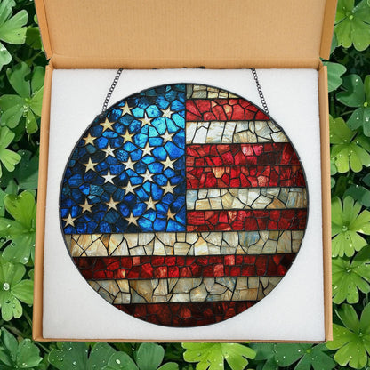 American Flag Stained Glass Suncatcher, Patriotic Window Decor, Rustic USA Theme, Veterans & Military Families, Fourth of July Gift