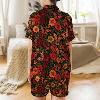 Monarch Butterfly Short Sleeves Pajama Set, Butterfly and Flowers Woman's Satin Pajama Gift Pajamas Short Sleeve Shorts