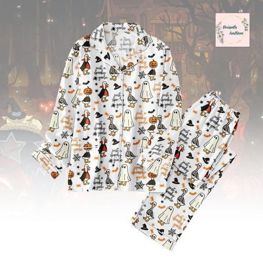 Spooky Goose Pajamas Set, Cute Animal Pjs, Spooky Gift for Her, Animal Lover Pajama Set, Spooky Goose Merch for Women