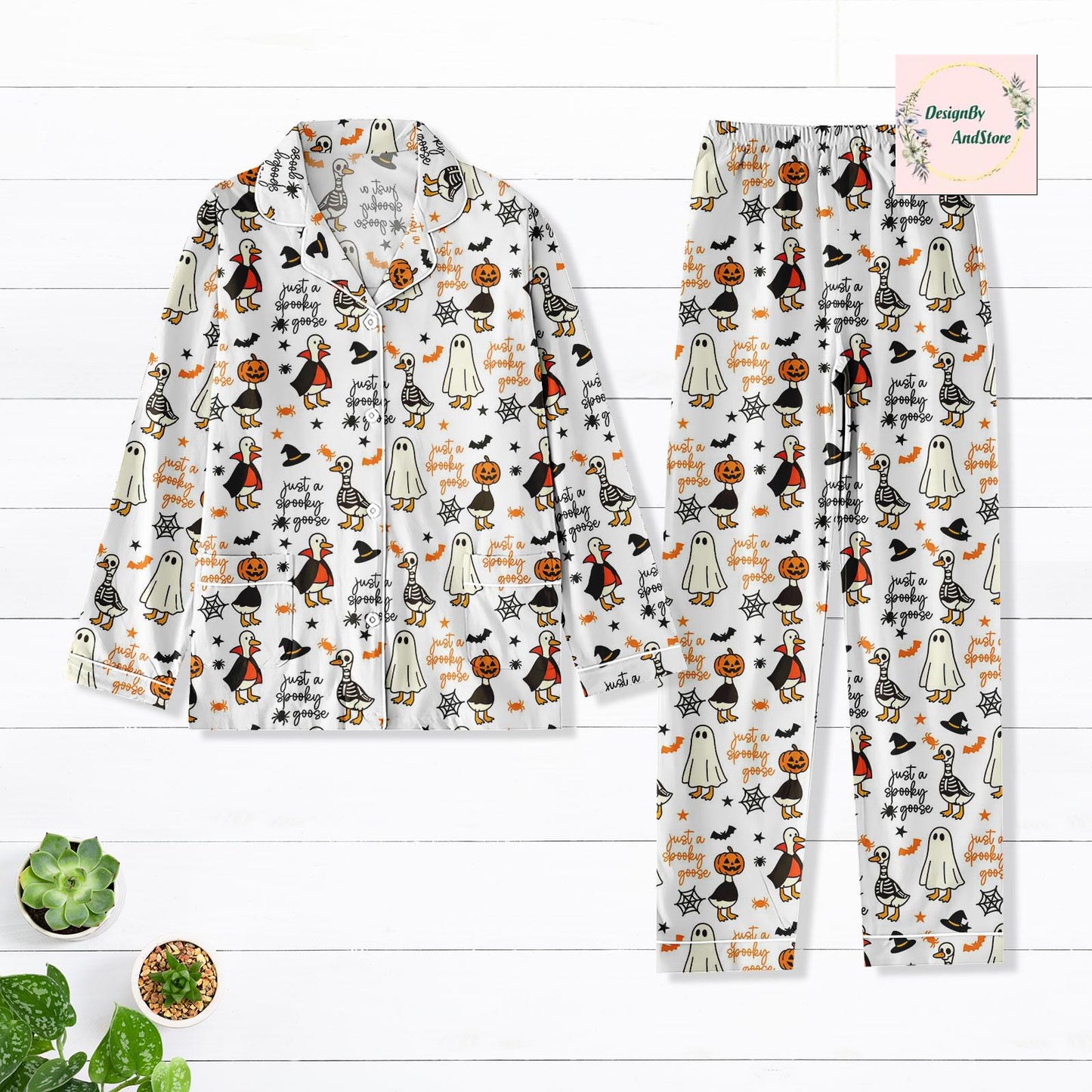 Spooky Goose Pajamas Set, Cute Animal Pjs, Spooky Gift for Her, Animal Lover Pajama Set, Spooky Goose Merch for Women