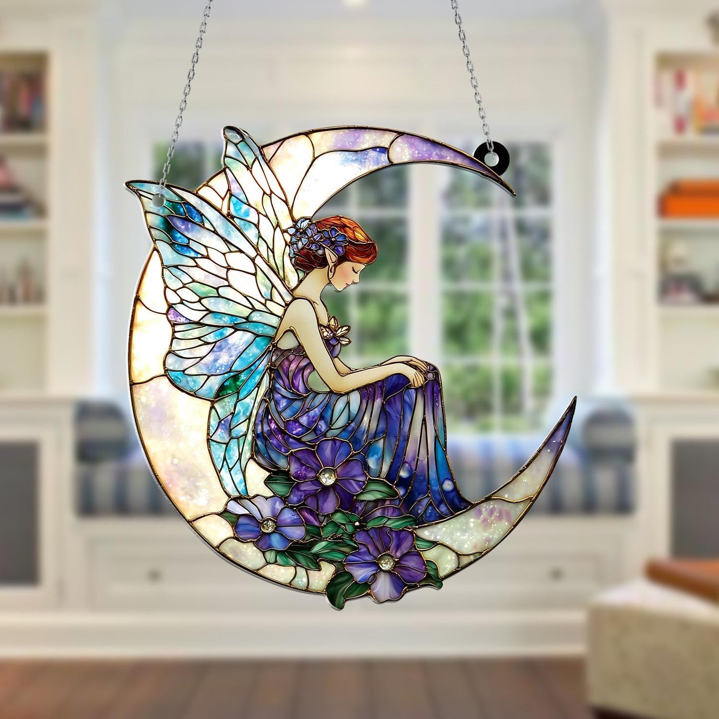 Moon Fairy Window Hanging, Crescent Celestial Decor with Purple Flowers, Fantasy Fairycore Accent, Mystical Dreamy Art, Spiritual Gift