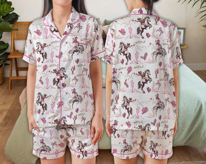 Western Cowgirl Satin Pajama Set, Rodeo Horse & Cactus Print Sleepwear, Pink Country Girl Short Sleeve Button Up Loungewear Gift For Women  Pajamas Set