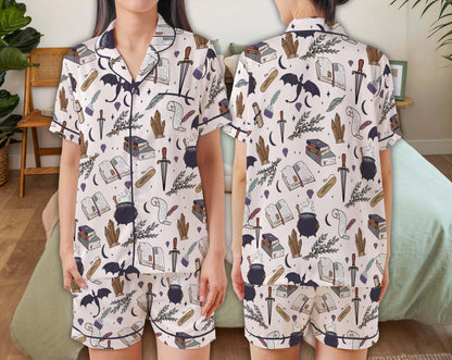 Mystical Satin Pajama Set, Witchy Spellbook, Potion, Dagger & Crystal Print Sleepwear For Women, Magical Short Sleeve Button Up Loungewear