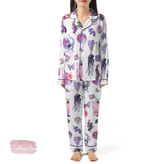 Purple Collection Set | Silky Satin Pajama Set for Women | Aesthetic Purple Print Sleepwear | Summer Loungewear Gift | Pastel Violet Lounge