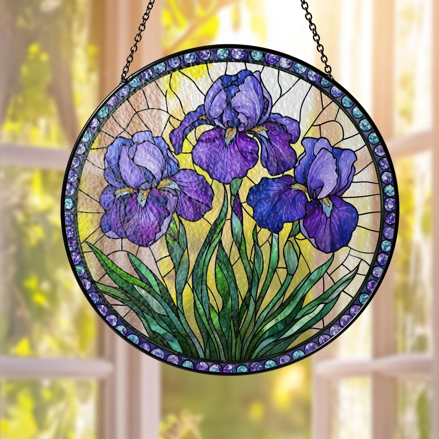 Purple Irises Stained Glass Suncatcher, Iris February Birth Month Flower Window Hanging, Flower Lovers Gift, Iris Suncatcher, Birthday Gift