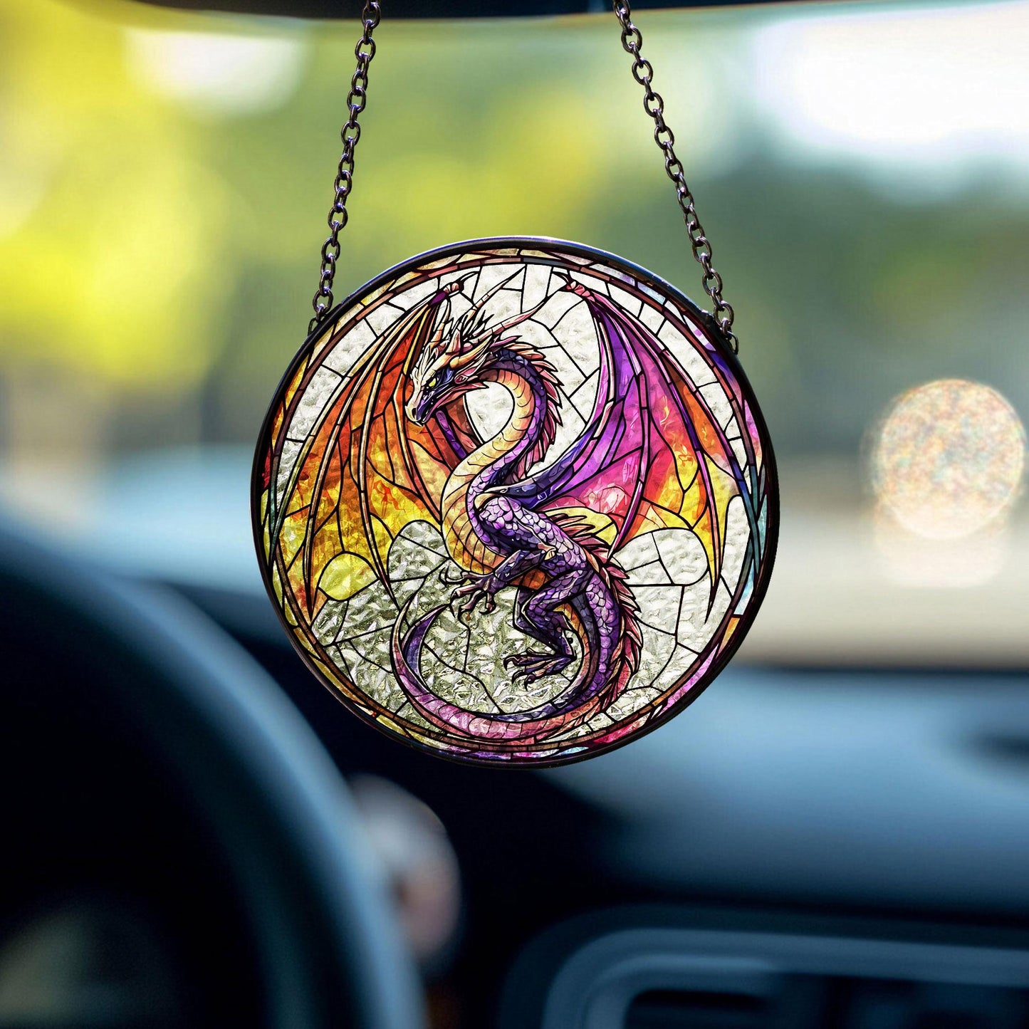 Mystery Dragon Glass Suncatcher, Hanging Decor for Fantasy Fans, Holiday Gifts, Purple Dragon Stained Glass Decor, Gift for Fantasy Fans