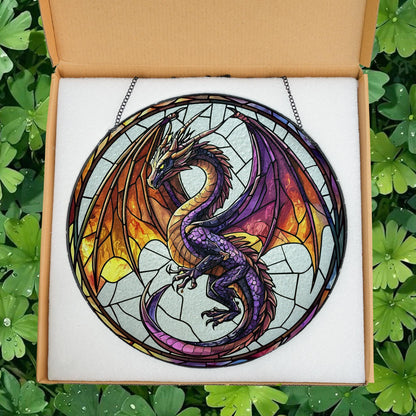 Mystery Dragon Glass Suncatcher, Hanging Decor for Fantasy Fans, Holiday Gifts, Purple Dragon Stained Glass Decor, Gift for Fantasy Fans