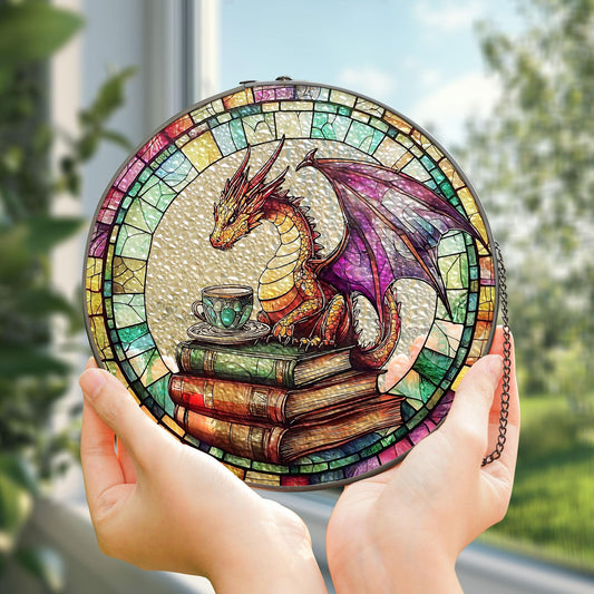 Dragon and Book Tea Suncatcher, Dragon Glass Suncacther, Fantasy Reader Ornament, Perfect Literary Gift for Book Lovers, Gift For Readers