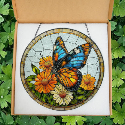 Butterfly With Flower Stained Glass Suncatcher, Monarch Butterfly Decor, Butterfly Lover Gift, Daisy Light Catcher, Gift For Gardener
