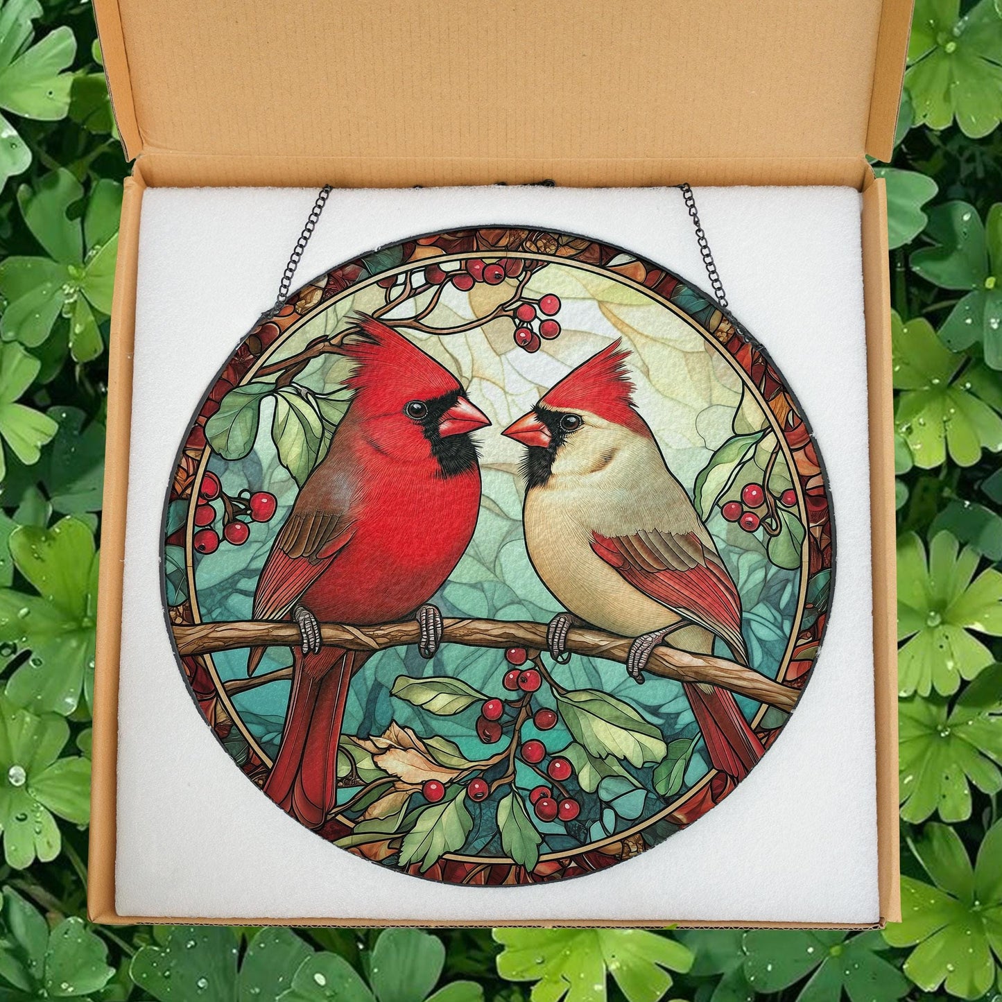 Cardinal Glass Suncatcher, Bird Glass Art, Memorial Suncatcher, Cardinal Lover Gift, Bird Wall Hanging, Gift For Couple, Anniversary Gift