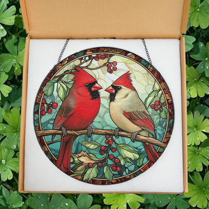 Cardinal Glass Suncatcher, Bird Glass Art, Memorial Suncatcher, Cardinal Lover Gift, Bird Wall Hanging, Gift For Couple, Anniversary Gift