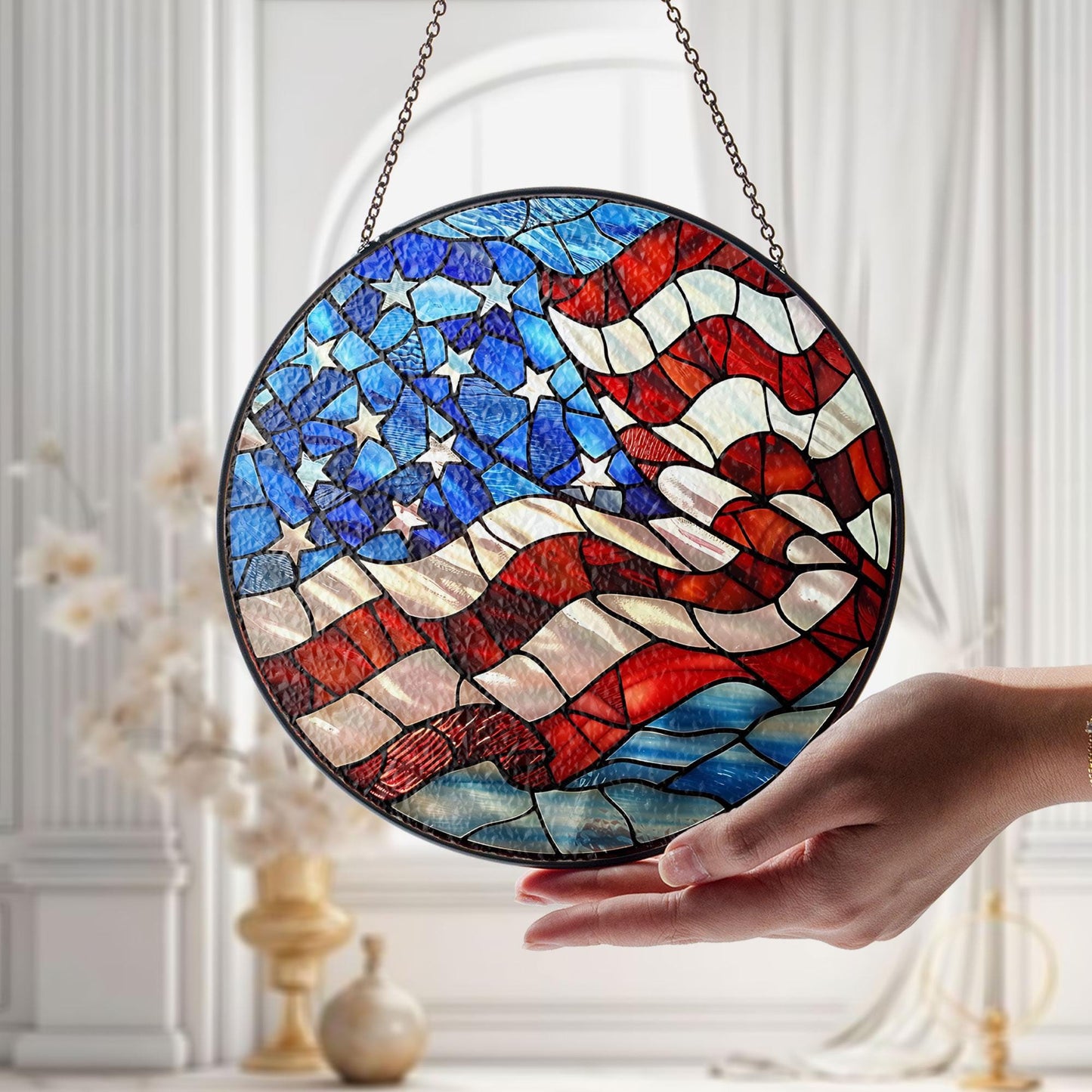 American Flag Stained Glass Suncatcher, Patriotic Window Decor, Rustic USA Theme, Veterans & Military Families, Fourth of July Gift