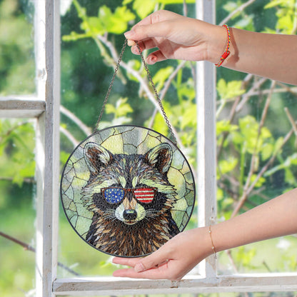 Patriotic raccoon mosaic stained glass suncatcher window decor Fourth of July gift for dad