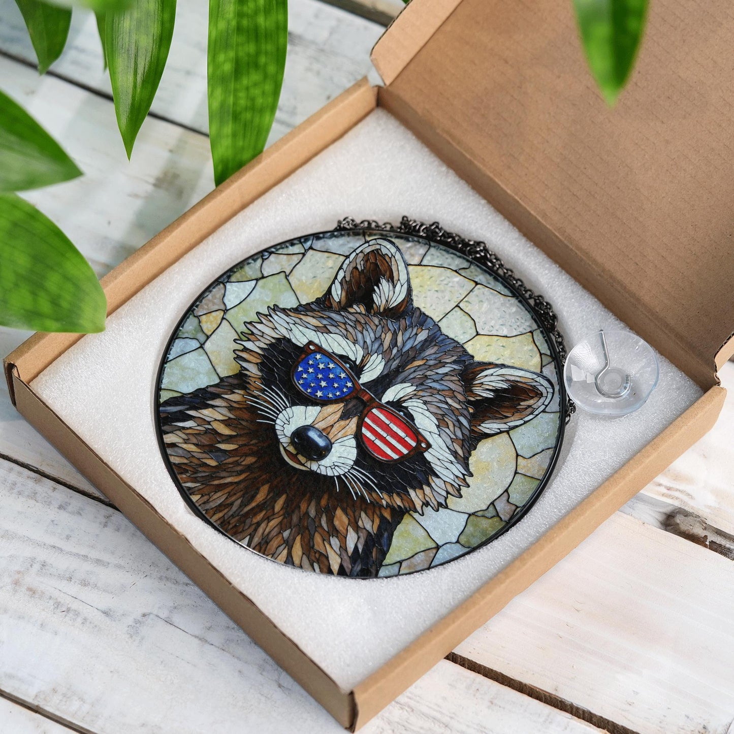 Patriotic raccoon mosaic stained glass suncatcher window decor Fourth of July gift for dad